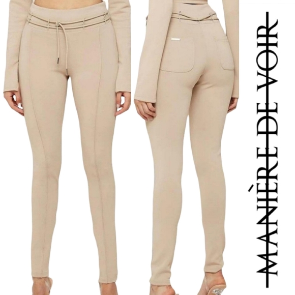 Maniere De Voir Tie Detail Neoprene Zip Ankle Pintucked Leggings In Beige - Picture 1 of 16
